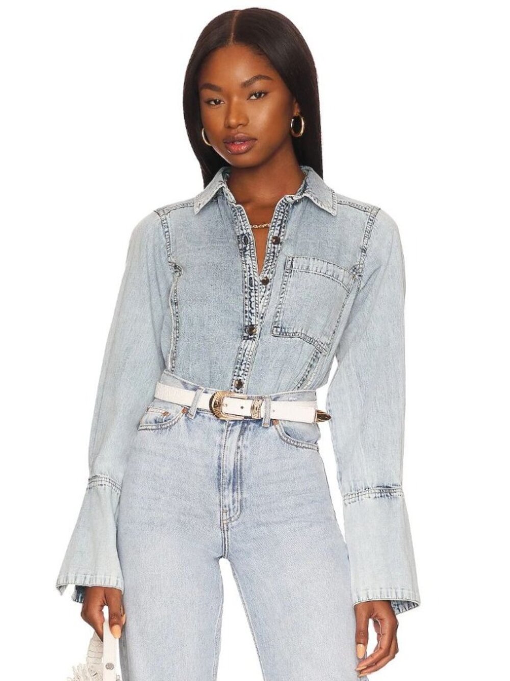 NWT Free People We the Free Mackenzie Top Light Denim Long Sleeve Button Down-sz